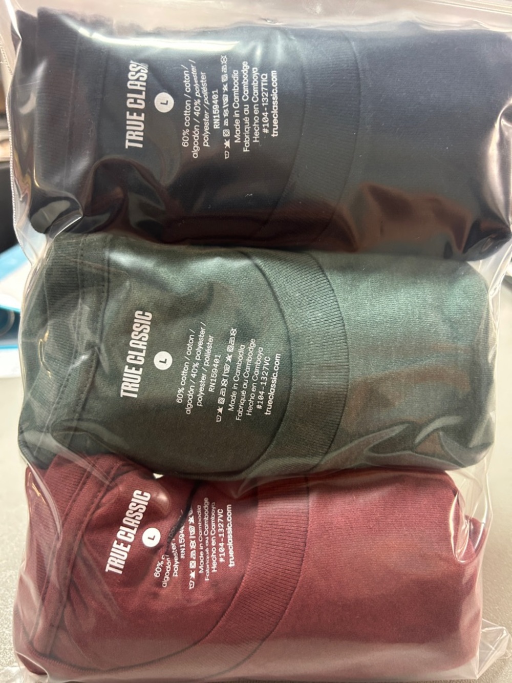True Classic Men’s 3-Pack Crew T-Shirts — Navy, Dark Green, Burgundy